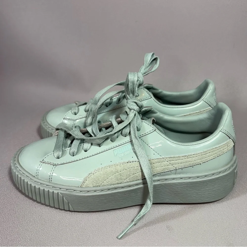 Puma Basket Mint Green Patent Leather Platform Sneakers